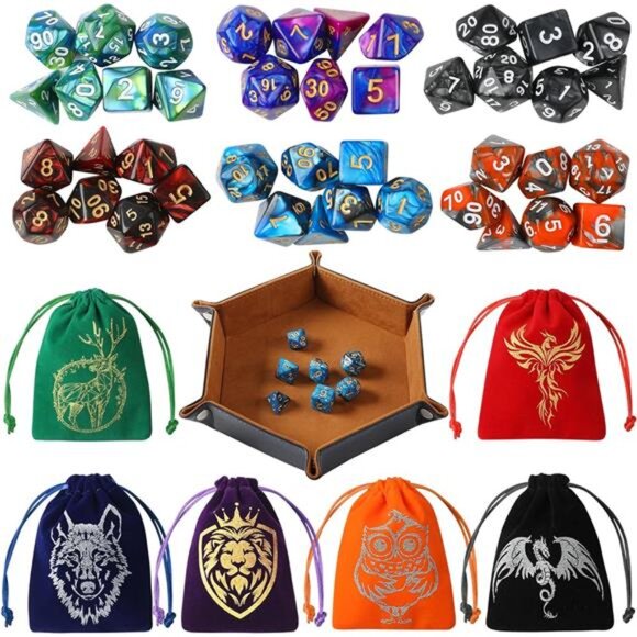 DND Dice Set, 42 Pcs polyhedral dice Set with 6 Colorful Animal Pattern Bag - Picture 1 of 8